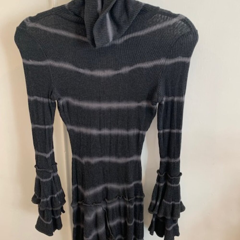Cowl neck, ruffled striped tunic